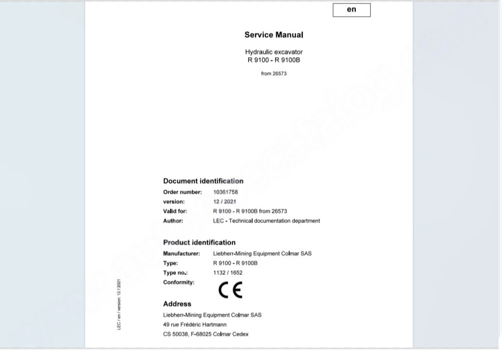 Liebherr R9100 R9100B Excavator Service Manual 26573 12.2021 PDF
